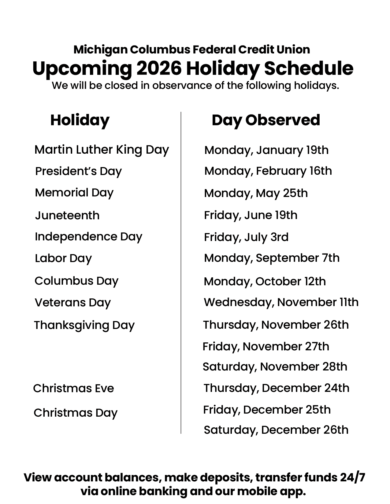 Upcoming Holiday Hours